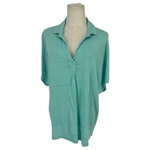 Chicos 100% Linen Top Turquoise Aqua Dolman Short Sleeve V-Neck Size 3 XL